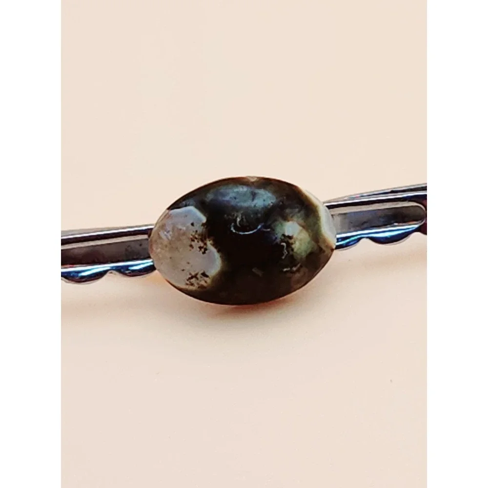 Vtg AGATE W/ FOSSILS‎ Cabochon Men's Tie Bar Clip & Cufflinks Set FREE $HIPPING!